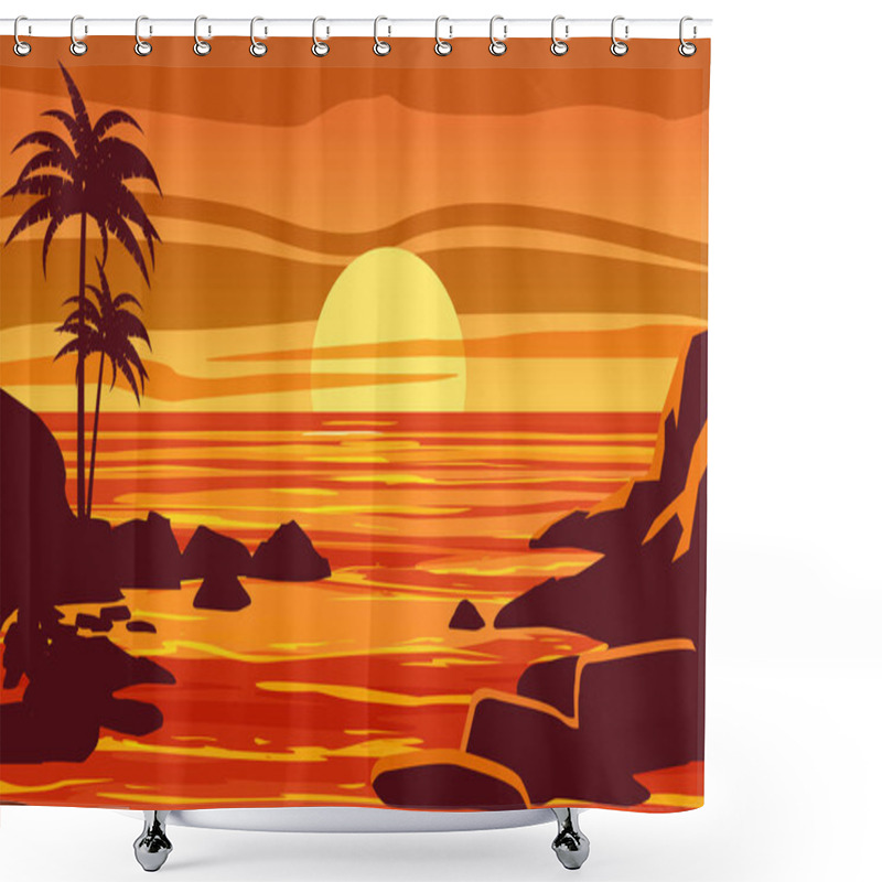 Personality  Tropical Beautiful Sunset, Landscape, Palms, Sea, Stones, Vector, Cartoon Style, Illustration Isolated Shower Curtains