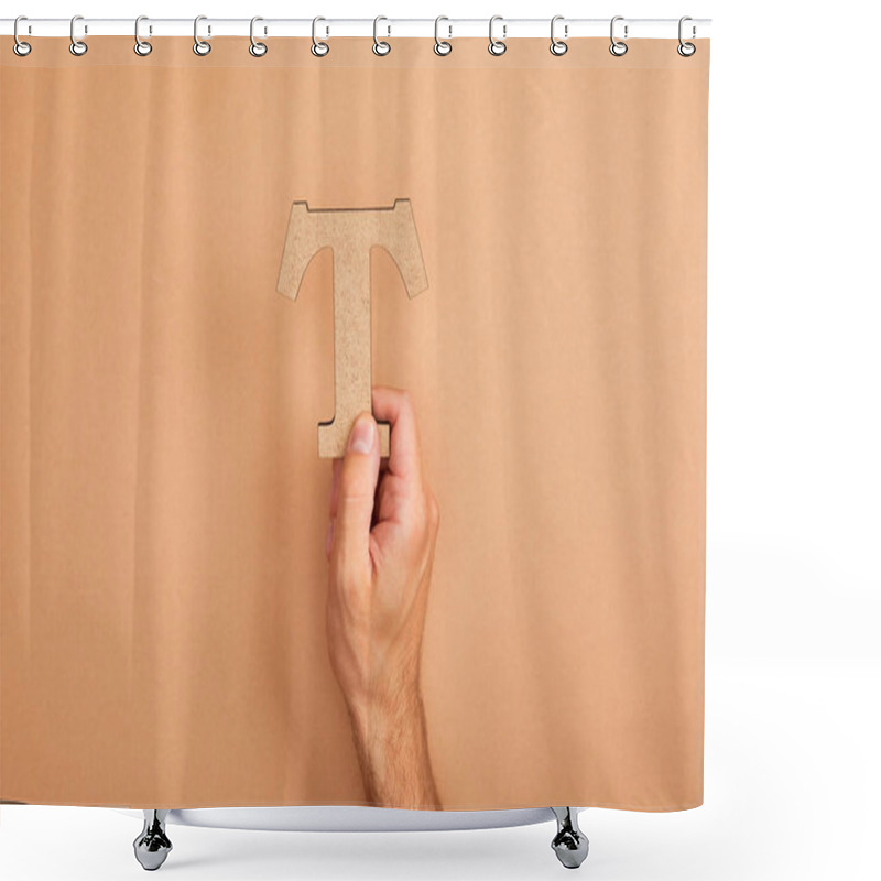 Personality  Cropped View Of Man Holding Paper Cut Letter T On Beige Background Shower Curtains