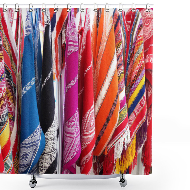 Personality  Collection Of Handicraft Ponchos From Peru Made From Alpaca With Traditional Design At Indian Market In Lima, Peru Shower Curtains