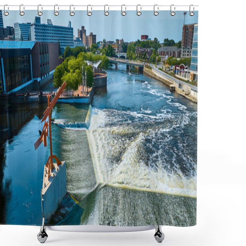 Personality  Aerial View Of South Bends Vibrant River Lights Plaza In Downtown Indiana. Featuring A Dynamic Weir, Modern Art Installation, And A Mix Of Contemporary And Historic Buildings Along The Riverfront. Shower Curtains