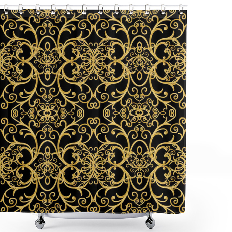 Personality  Seamless Pattern. Golden Textured Curls. Oriental Style Arabesques. Brilliant Lace, Stylized Flowers. Openwork Weaving Delicate, Golden Black Background. Shower Curtains