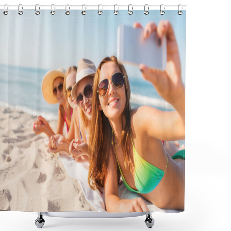 Personality  Group Of Smiling Women With Smartphone On Beach Shower Curtains