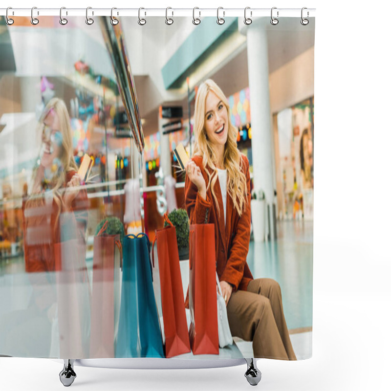 Personality  Excited Woman Holding Credit Card And Sitting With Shopping Bags In Mall Shower Curtains