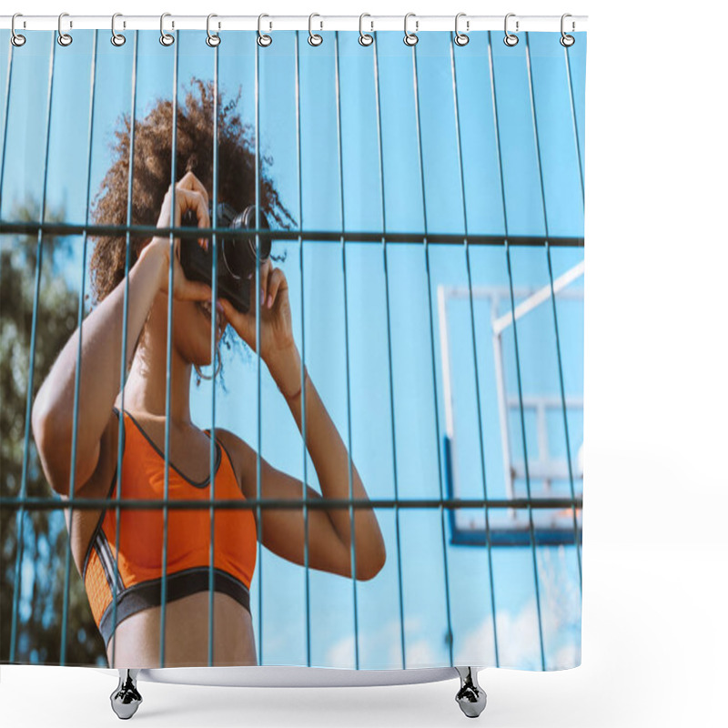 Personality  Sportive Woman Taking Picture With Camera Shower Curtains