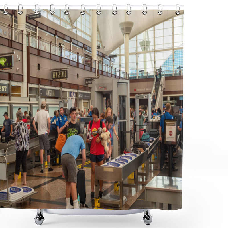 Personality  Travelers Collect Belongings After Passing Security Checkpoint At Denver International Airport Shower Curtains