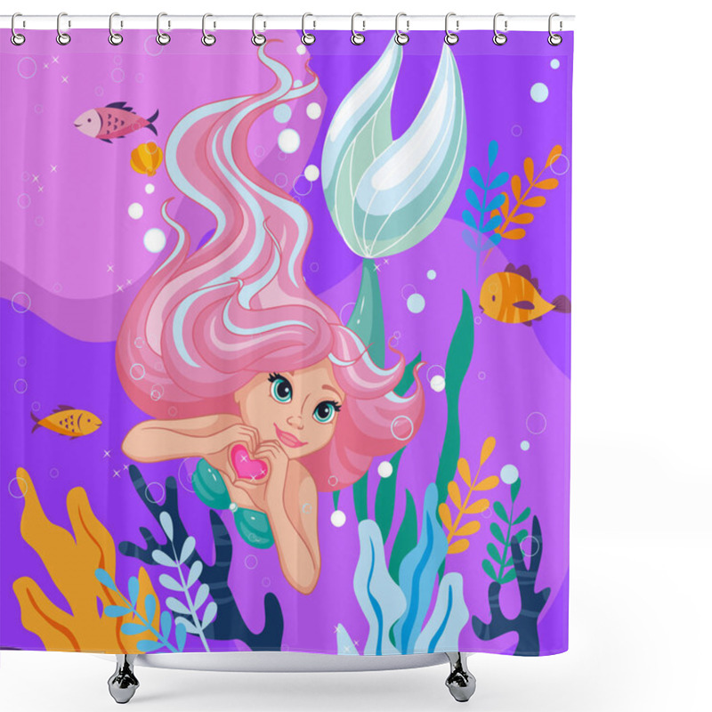 Personality  Beautiful Mermaid. Cute Mermaid With A Heart. Pink Hair Shower Curtains