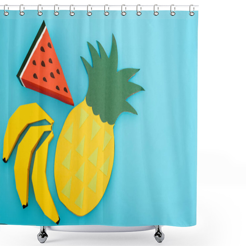 Personality  Top View Of Paper Summer Fruits On Blue Background Shower Curtains