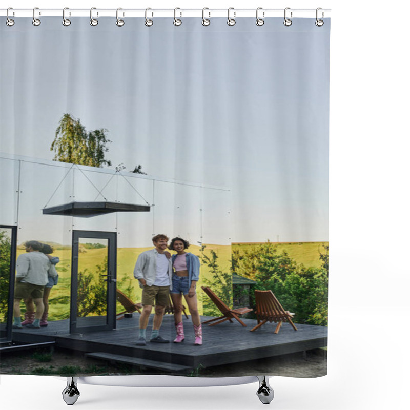 Personality  Full Length Of Happy Interracial Couple Looking Away On Porch Of Modern Glass House In Countryside Shower Curtains