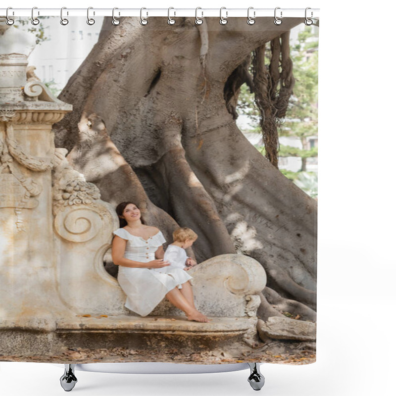 Personality  Smiling Mother And Child Spending Time On Stone Bench In Park In Spain  Shower Curtains