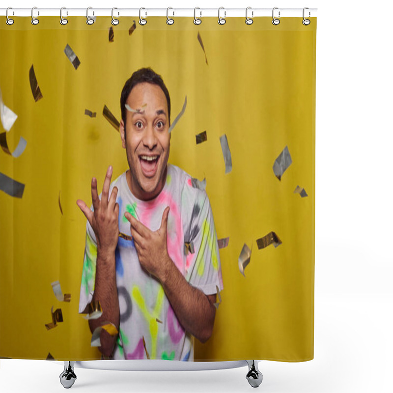 Personality  Excited Indian Man Smiling Near Falling Confetti On Yellow Backdrop, Party Concept, Merry Event Shower Curtains