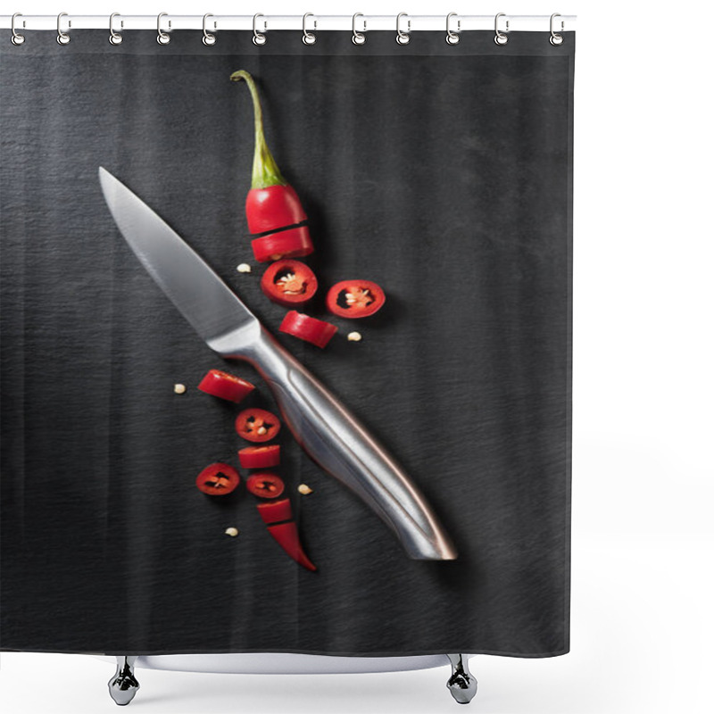 Personality  Elevated View Of Cut Red Ripe Chili Pepper And Knife On Black Surface Shower Curtains