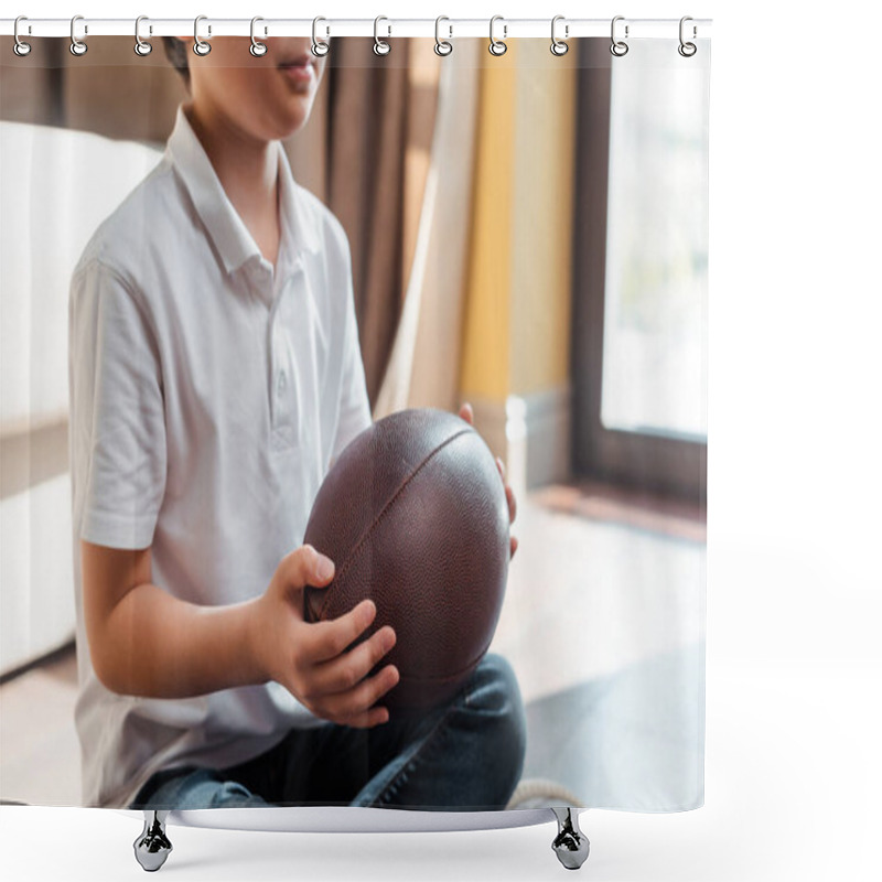 Personality  Cropped View Of Asian Boy With Rugby Ball Sitting On Floor At Home On Quarantine  Shower Curtains