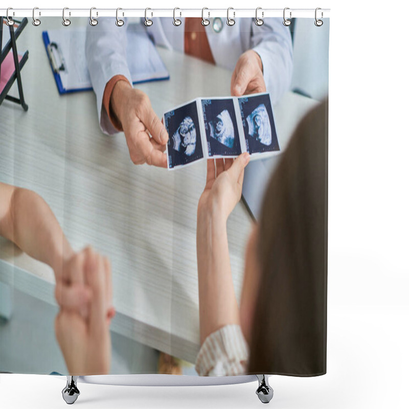 Personality  Lesbian Couple Taking Ultrasound Of Their Baby From Gynecologist, In Vitro Fertilization Concept Shower Curtains