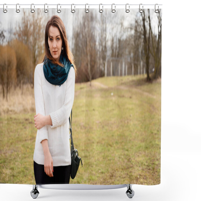 Personality  Portrait Of A Brunette Girl Standing In A Park In A White Sweater Walking Street On A Background Of Trees Shower Curtains