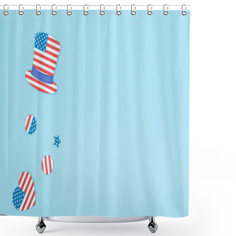 Personality  Top View Of Paper Cut Decorative Hat, Star, Circles And Heart Made Of American Flags On Blue Background With Copy Space Shower Curtains