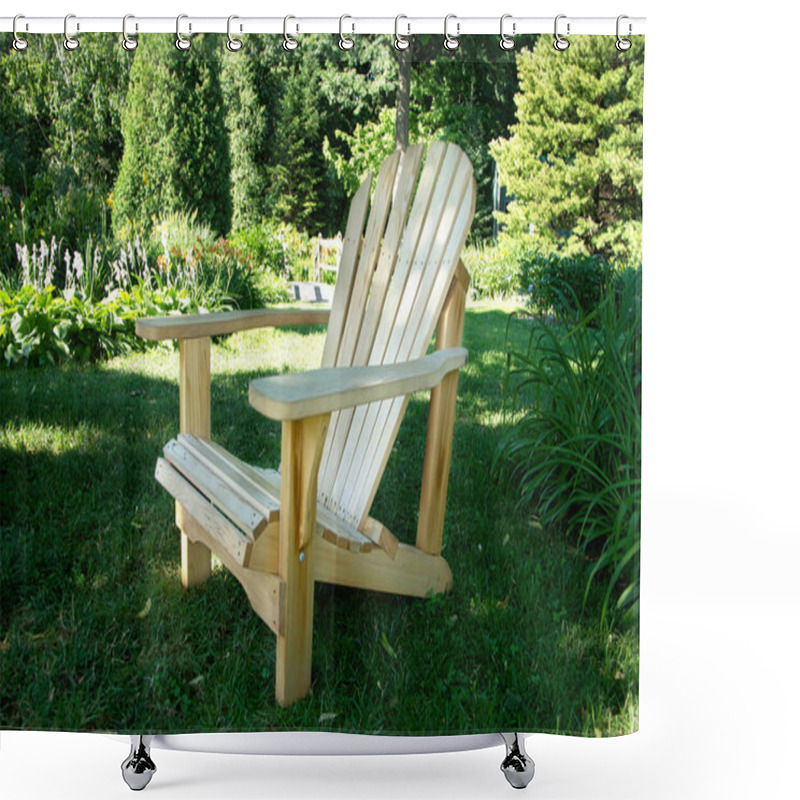 Personality  Beautifully Crafted Wooden Adirondack Chair Sits On A Green Lawn, Surrounded By Lush Plants And Blooming Flowers In A Peaceful Garden Setting. The Perfect Spot To Relax And Enjoy Nature Shower Curtains