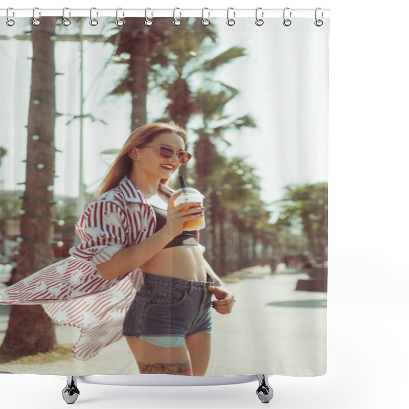 Personality  Beautiful Young Woman With Plastic Cup Of Cocktail In Front Of Palms In Row On Street Shower Curtains