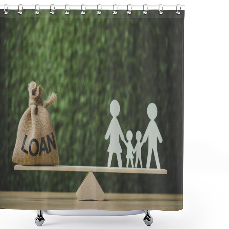 Personality  Money Bag With Loan Inscription And Paper Cut Family Balancing On See Saw On Green Background Shower Curtains