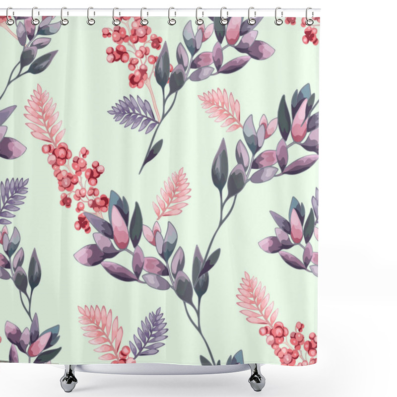 Personality  Seamless Botanical Pattern With Leaves And Berries. Pastel Floral And Berry Design On Light Background. Elegant Leaf And Berry Illustration In Soft Tones Shower Curtains