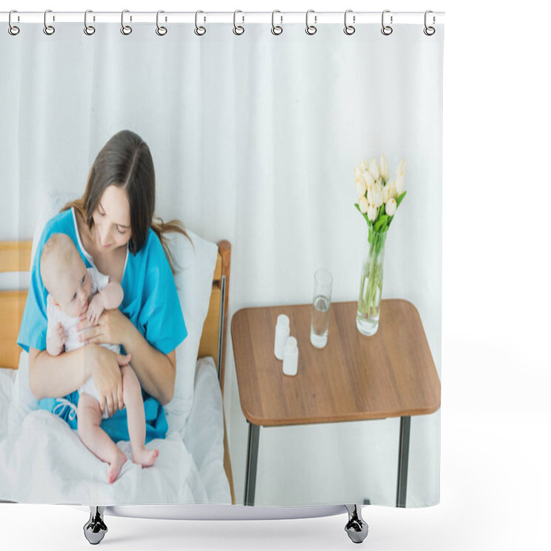 Personality  Attractive And Young Mother Holding Her Child In Hospital  Shower Curtains