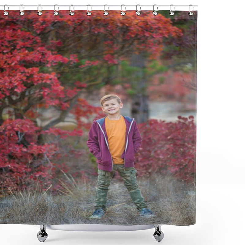 Personality  Cute Handsome Stylish Boy Enjoying Colourful Autumn Park With His Best Friend Red And White English Bull Dog.Delightfull Scene Of Pretty Boy Together With Bulldog In Forest. Young Teenager Smiling . Shower Curtains