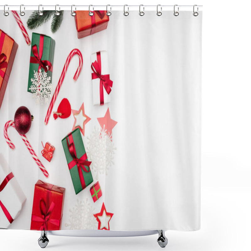 Personality  Top View Of Gift Boxes, Decorative Snowflakes, Star-shaped Cookies And Candy Canes On White Background Shower Curtains