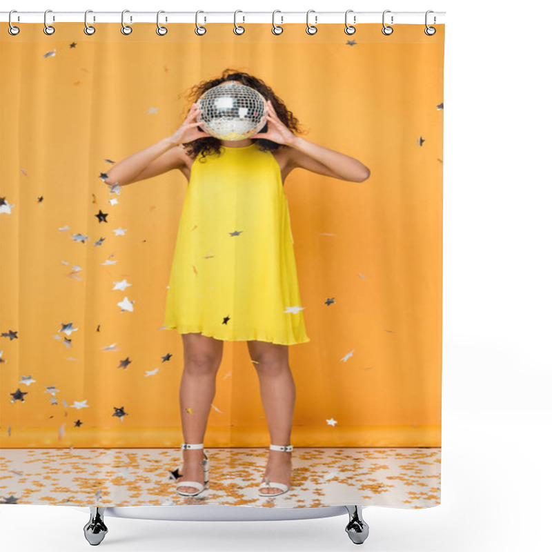 Personality  African American Girl In Yellow Dress Covering Face With Disco Ball Near Shiny Confetti Stars On Orange  Shower Curtains