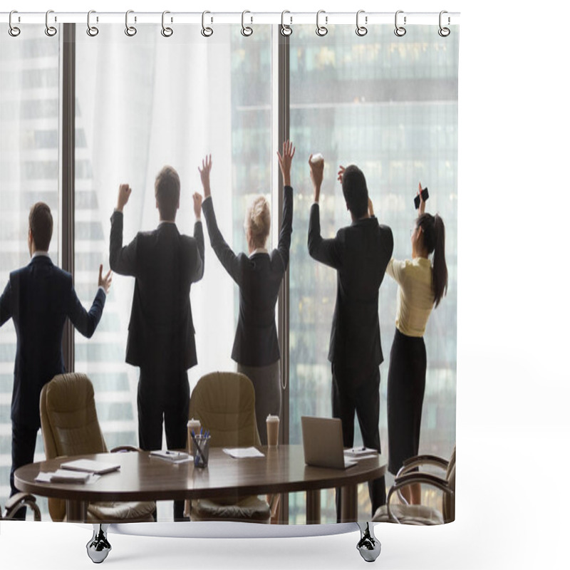 Personality  Excited Office Workers Stand Near Window Rising Hands Celebratin Shower Curtains