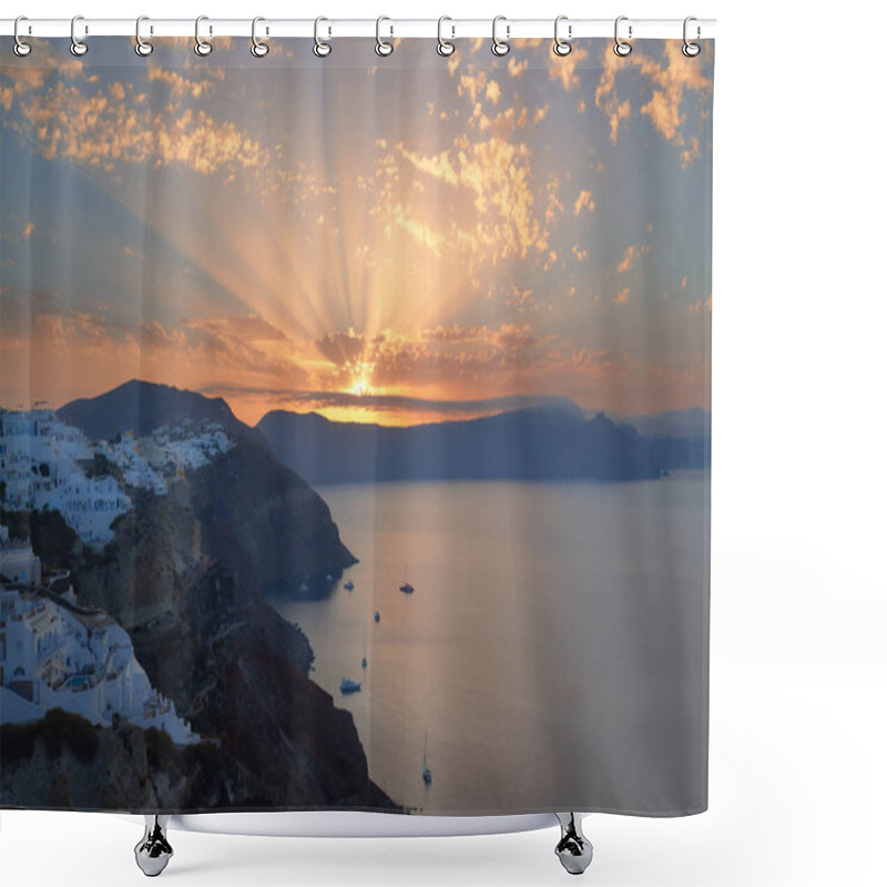 Personality  Oia Village, Sunrise Over Famous Volcanic Caldera On Santorini I Shower Curtains