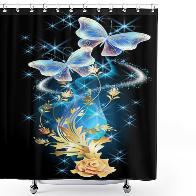 Personality  Transparent Butterflies With Golden Ornament And Glowing Firewor Shower Curtains