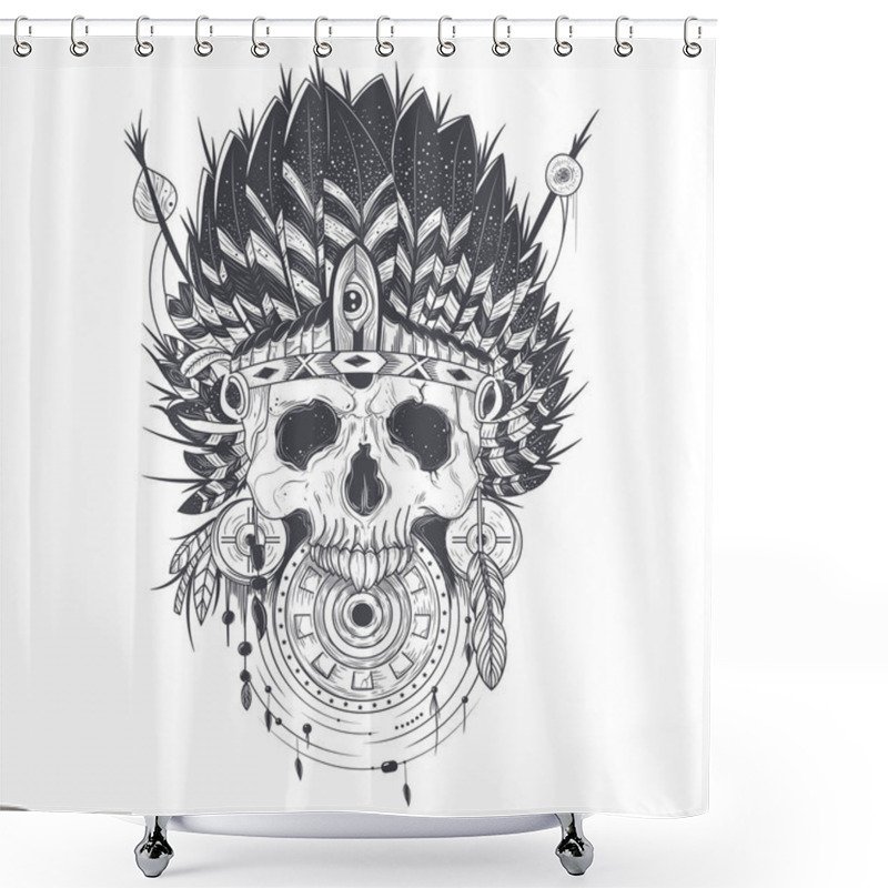 Personality  Vector Illustration Of A Human Skull In An Indian Feather Hat, Tattoo Template Shower Curtains