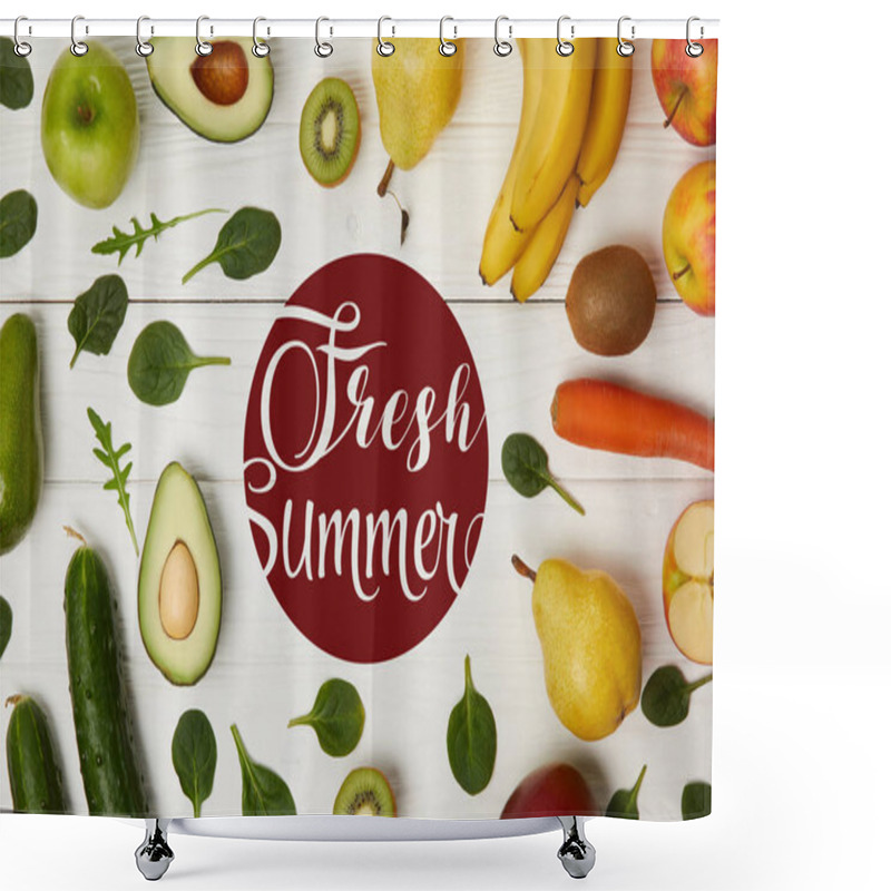 Personality  Top View Of Fruits And Vegetables On Wooden Background With Copy Space, Fresh Summer Inscription Shower Curtains