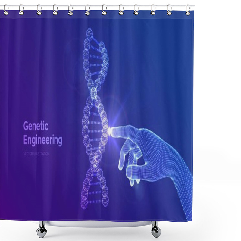 Personality  Hand Touching DNA Sequence Molecules Structure Mesh. Wireframe DNA Code Editable Template. Genetic Engineering. Medical Research. Science And Technology Concept. Vector Illustration Shower Curtains