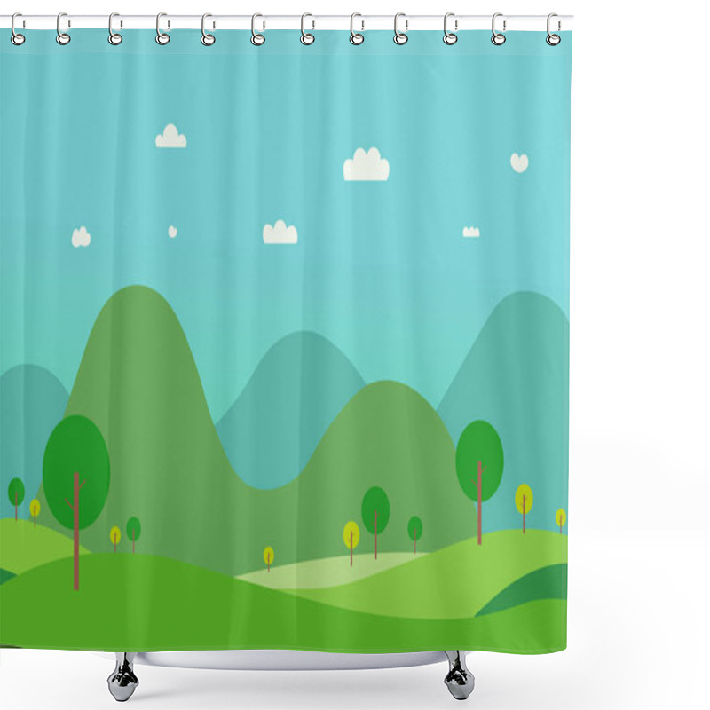 Personality  Nature Green Hills Landscape With Mountain.Vector Illustration.Rural Scene Flat Design.Spring Garden With Sky Background Shower Curtains