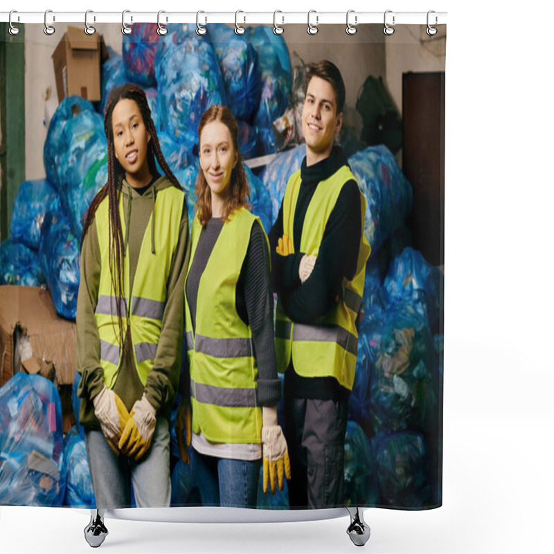 Personality  Young Volunteers In Gloves And Safety Vests Stand Next To A Large Pile Of Plastic Bags, Sorting Waste For Recycling. Shower Curtains