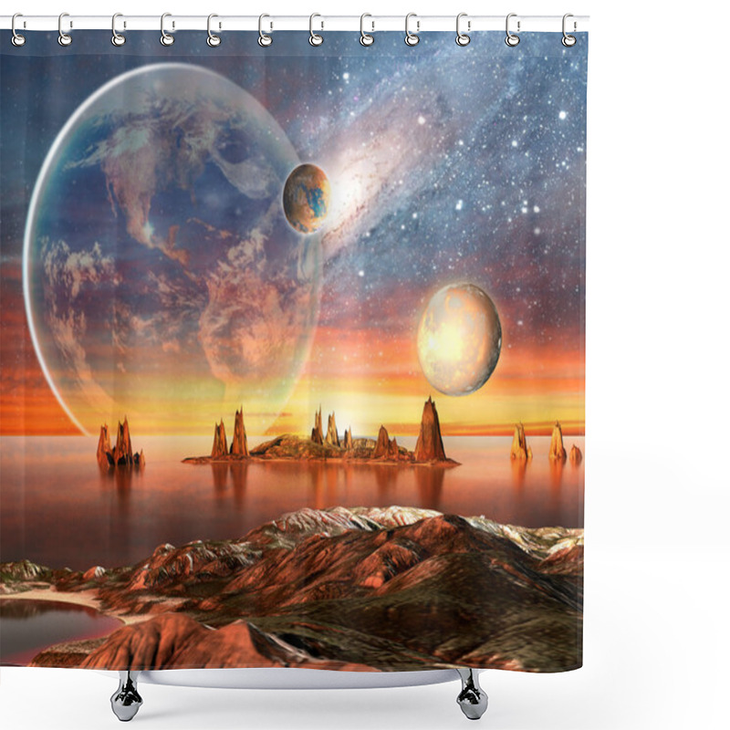 Personality  Alien Planet With Planets, Earth Moon And Mountains . Shower Curtains