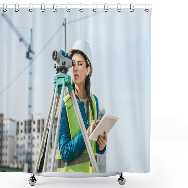 Personality  Surveyor With Digital Tablet Looking Through Measuring Level On Construction Site Shower Curtains