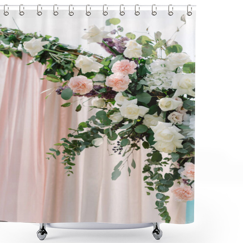 Personality  Wedding Decorations With Flowers. Pink Cloves With Gentle Petals And Flavor, White Roses Decorate Wedding Arch Shower Curtains