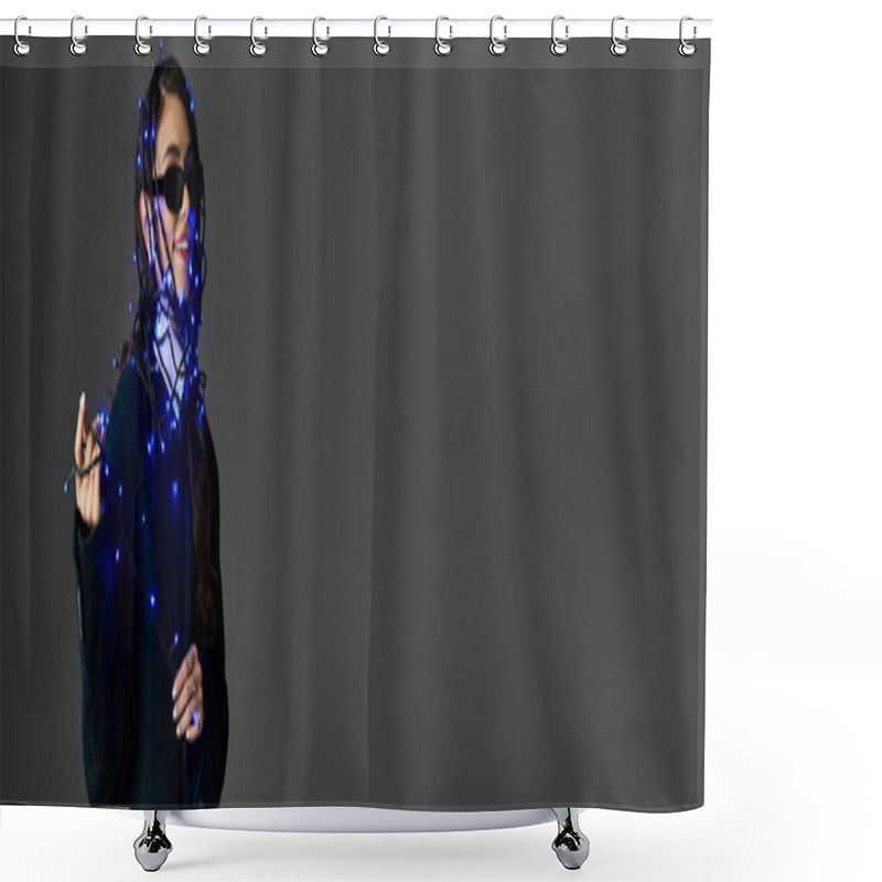 Personality  Pretty Woman Elegantly Draped In Blue Lights, Showcasing Playful Charm And Artistic Flair. Shower Curtains