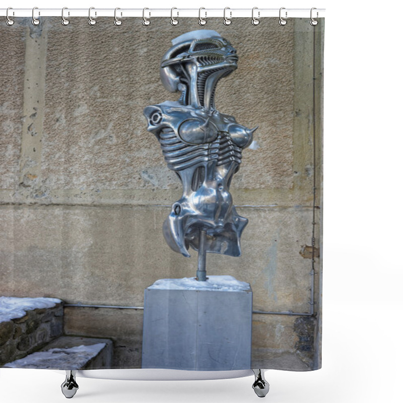 Personality  Metal Statue Of Alien In HR Giger Museum In Gruere Shower Curtains