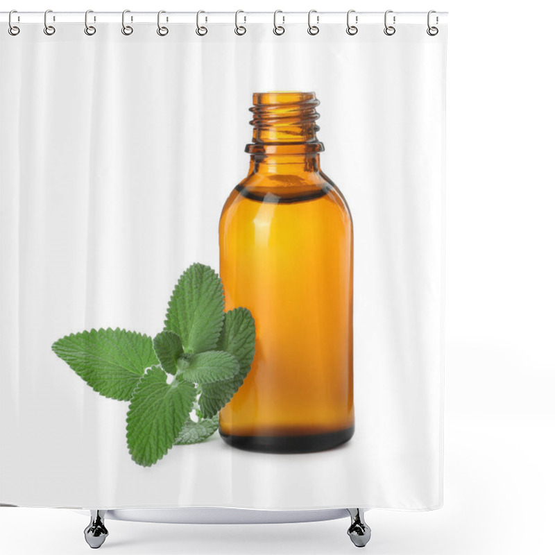 Personality  Bottle Of Essential Oil And Mint On White Background Shower Curtains