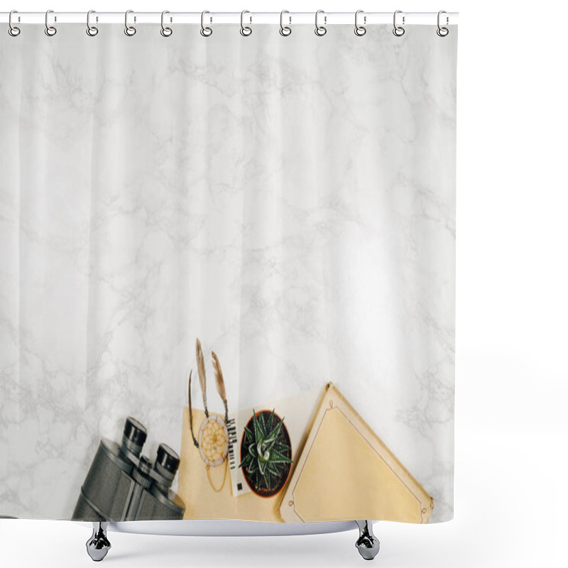 Personality  Travel Accessories Top View White Marble Background With Copy Space Shower Curtains