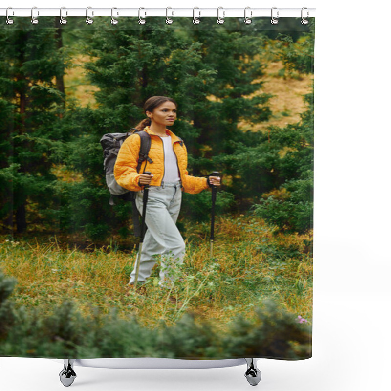 Personality  A Young African American Woman Navigates A Picturesque Forest Trail In Autumn, Embracing Nature's Beauty. Shower Curtains