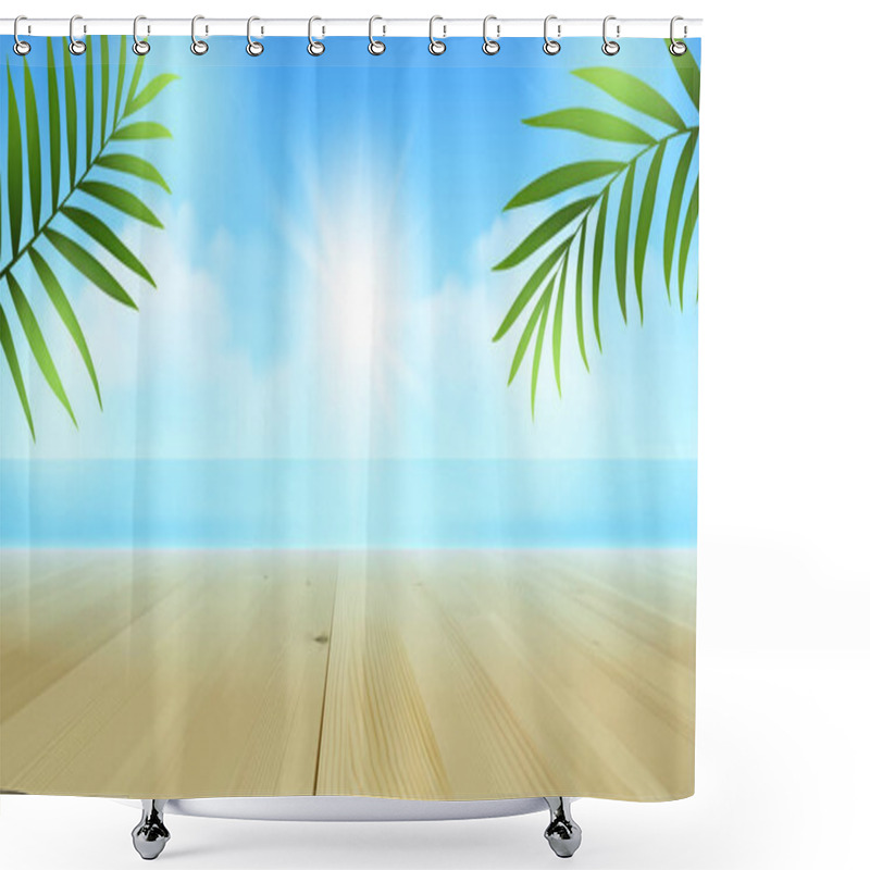 Personality  Vector Realistic Tropical Beach Background With Empty Wooden Table Top, Palm Leaves, Blue Sea And Sunny Sky  Shower Curtains