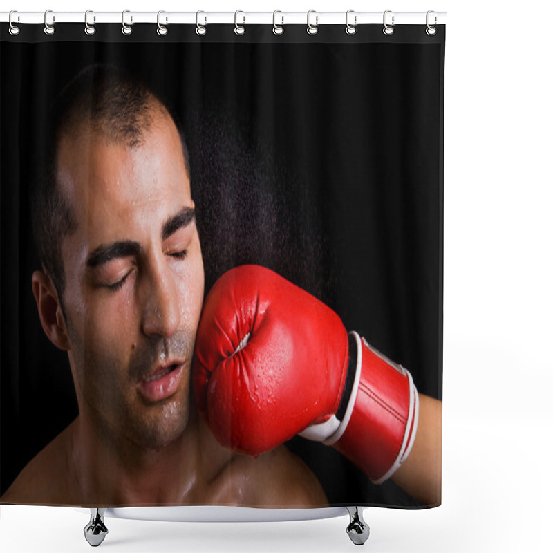 Personality  Image Of A Young Boxer Getting Punched In The Face Over Black Ba Shower Curtains