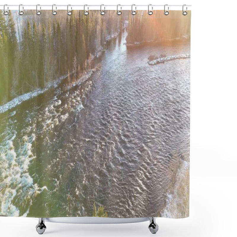 Personality  Aerial View Of A Flowing River In Norway, Surrounded By Snowy Forest And Glowing With Soft Winter Sunlight.  Shower Curtains