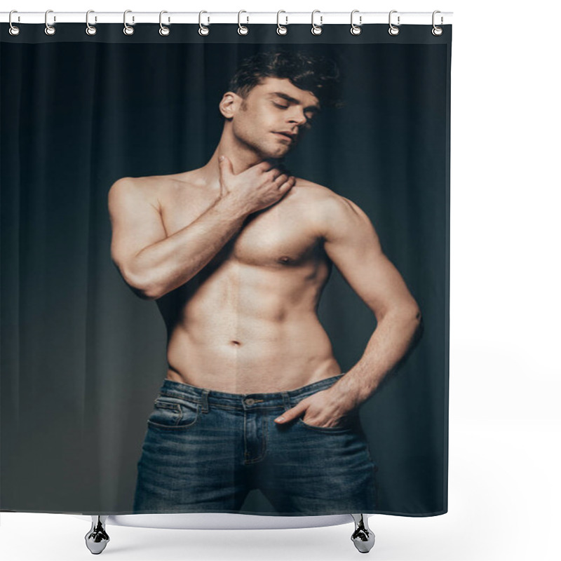 Personality  Sexy Shirtless Man In Jeans Posing Isolated On Dark Grey Shower Curtains