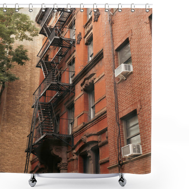 Personality  Low Angle View Of Brick Building With Metal Balconies And Fire Escape Ladders In New York City Shower Curtains