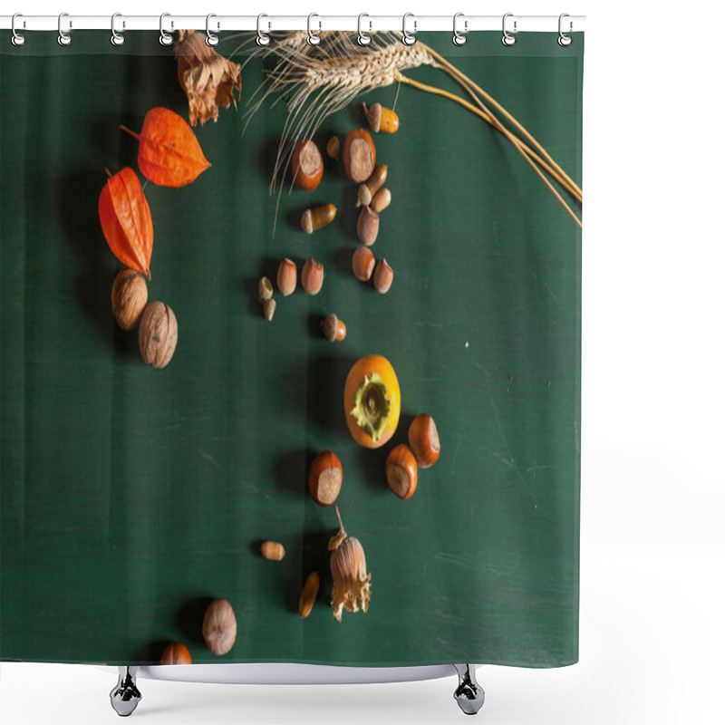 Personality  Autumn Background Red And Yellow Leaves Nuts Fruit Shower Curtains