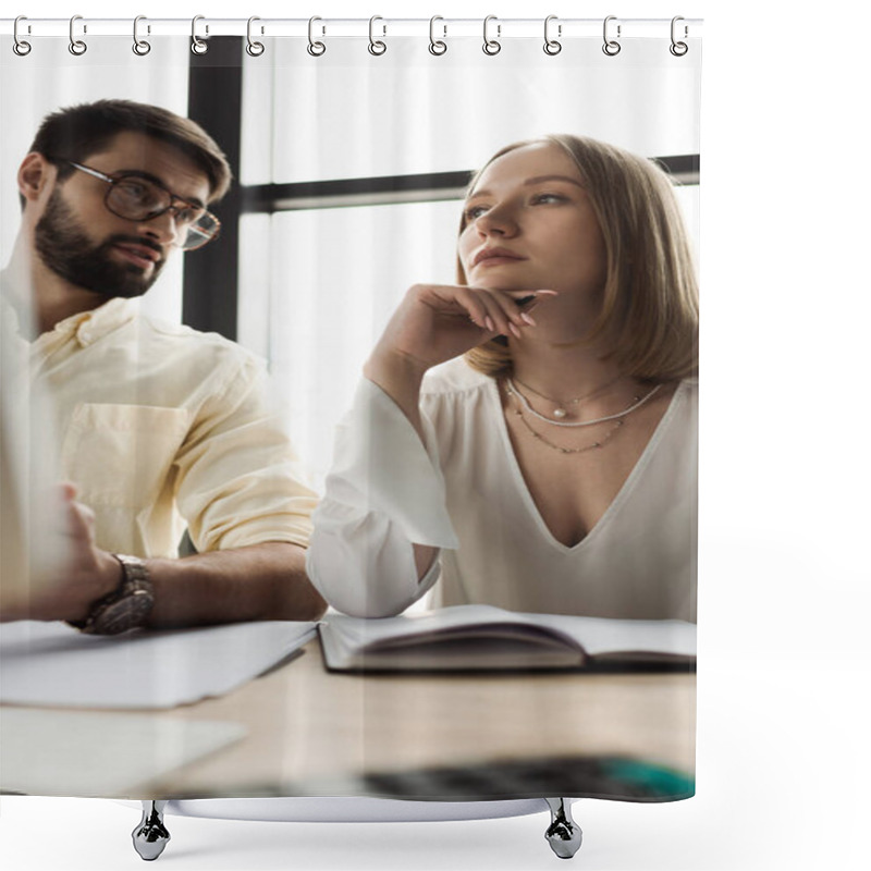 Personality  Pensive Intern Looking Away Near Notebook And Businessman Talking In Office  Shower Curtains